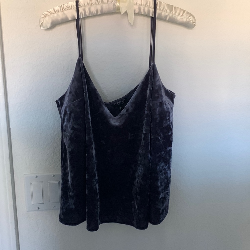 Flowy, purple, velvet material top. Cute for night out with a jacket!